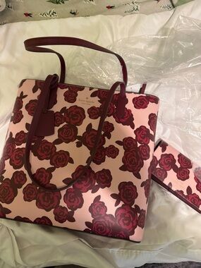 kate spade Pink Tote with Burgundy Rose Print and Matching Wallet
